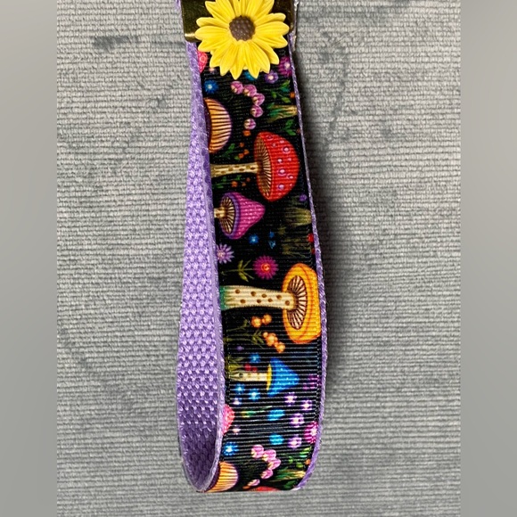 New handcrafted by me, neon mushroom rainbow wristlet with metal keychain, 6” - Picture 4 of 7